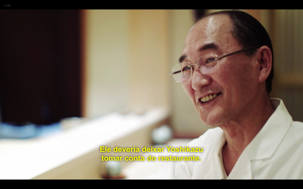 Cena de Jiro Dreams of Sushi: chef Mizutani falando sobre Jiro Ono