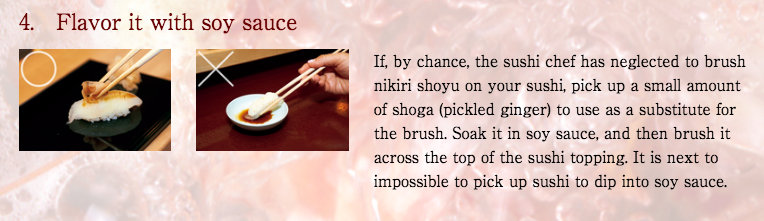 Como passar shoyu no sushi usando o gari (gengibre). Fonte: Sukibayashi Jiro.