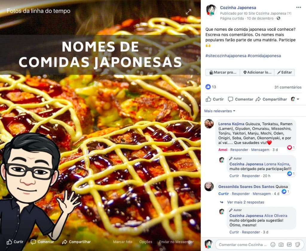 Post sobre nomes de comidas japonesas no Facebook