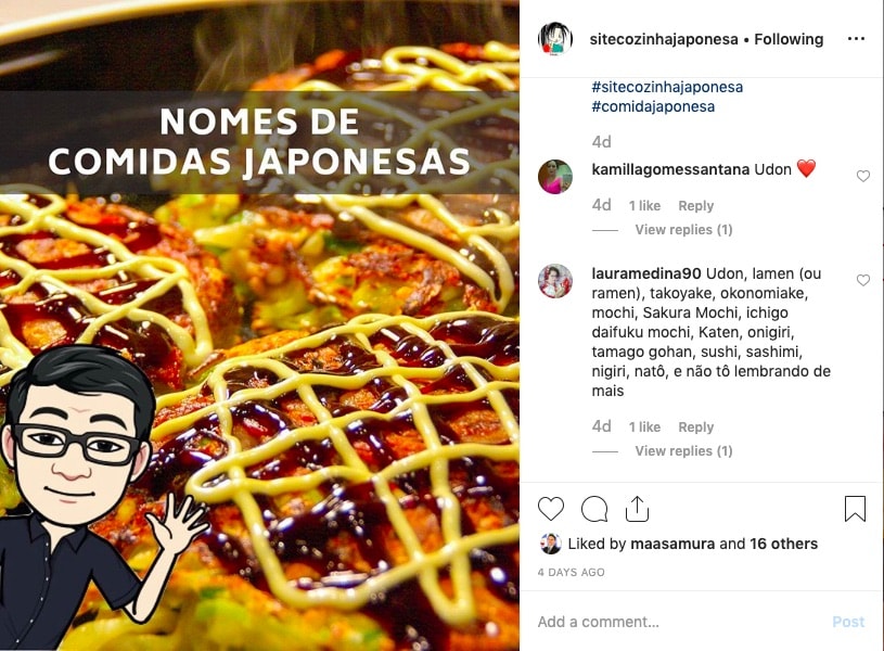 Post sobre nomes de comidas japonesas publicado no Instagram