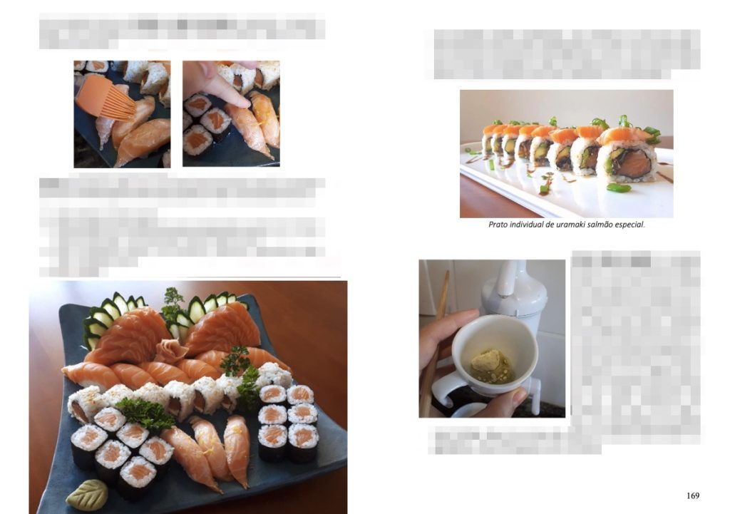 Páginas 168 e 169 do capítulo Como fazer sushi, do livro O Guia do Sushi em Casa. Apresenta fotos de nigiri, makizushi, uramaki e wasabi.